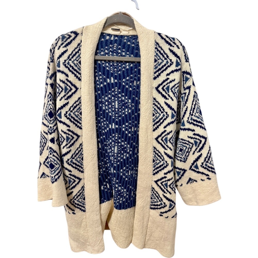 Roxy Kimono Cardigan Sweater Blue and‎ Cream Bohemian Coastal